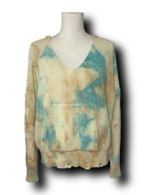 JS71 Distressed Tie-Dye Hooded Sweater in Cream and Blue 100% Cotton